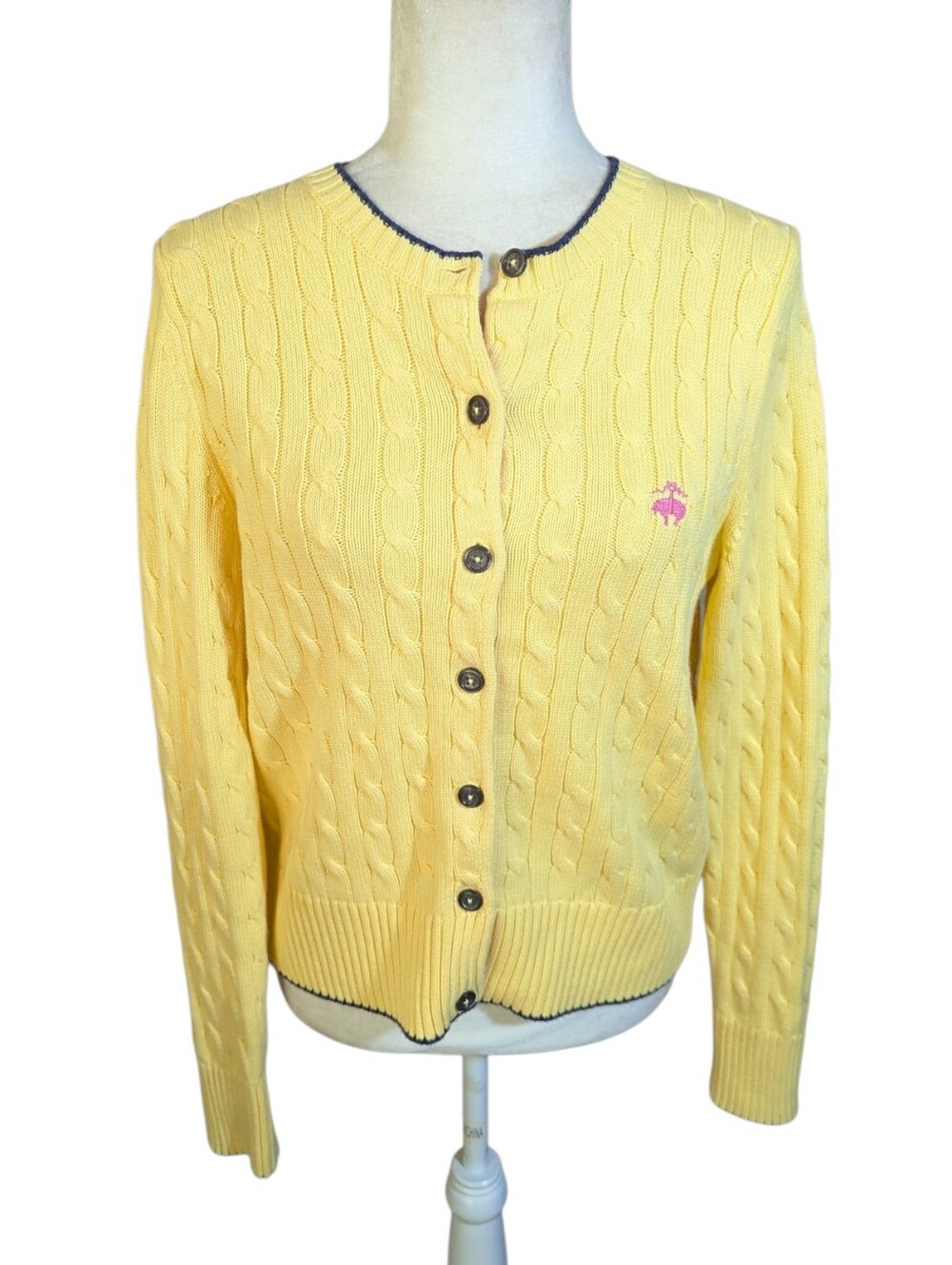 Brooks Brothers Preppy Yellow Cable Knit Button-Front Sweater Cardigan Sz M